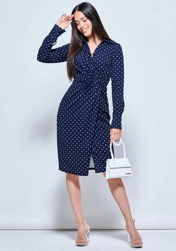 Jolie Moi Buckle Polka Dot Midi Dress, Navy & White Trendy Ruffled Sleeve Midi Dress