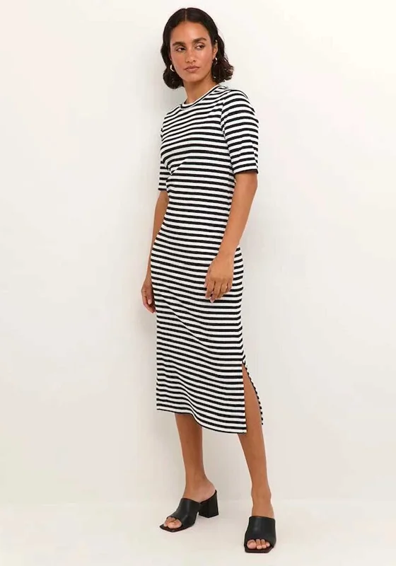 Kaffe Amanda Stripe Midi T-Shirt Dress, Black & Chalk Lace Blend Ribbed Blend Corduroy Blend