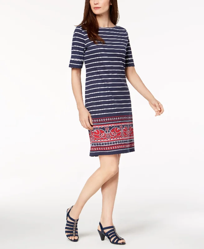 Karen Scott Striped Border Print T-Shirt Dress Houndstooth Herringbone Solid