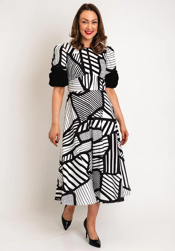 Kate Cooper Cutout Geo Print A-Line Midi Dress, Black & White Elegant Floral Skirt Midi Dress Kate Cooper Cutout Geo Print A-Line Midi Dress, Black & White Elegant Floral Skirt Midi Dress