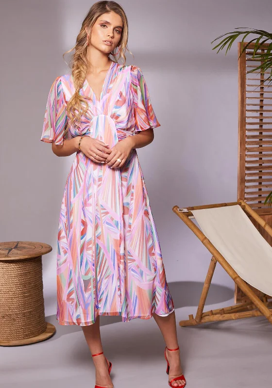 Kate Cooper Tropical Print Pleated Detail Midi Dress, Lilac Stylish Off-Shoulder Ruffle Dress Kate Cooper Tropical Print Pleated Detail Midi Dress, Lilac Stylish Off-Shoulder Ruffle Dress