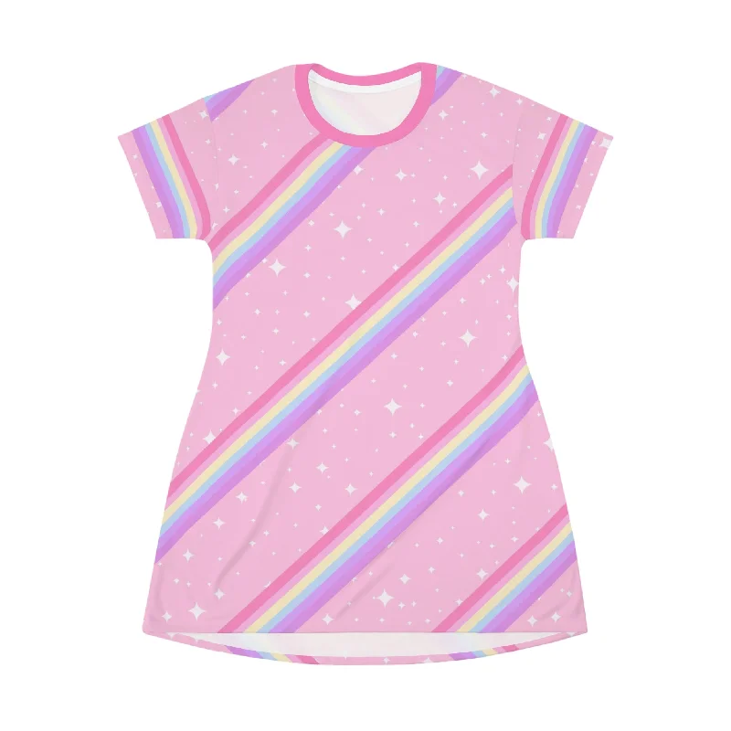 Kawaii Sparkle Cake Rainbow Beam All Over Print T-Shirt Mini Dress Boxy Fit Fitted Loose