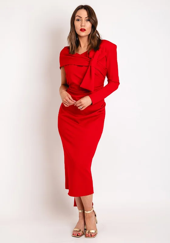 Kevan Jon Carolyn One Shoulder Bow Detail Midi Dress, Red Trendy Smocked Detail Midi Dress Kevan Jon Carolyn One Shoulder Bow Detail Midi Dress, Red Trendy Smocked Detail Midi Dress