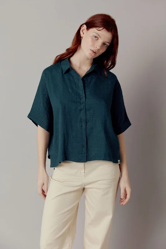 Kimono Organic Linen Shirt Teal Green Stylish Round Neck Shirt