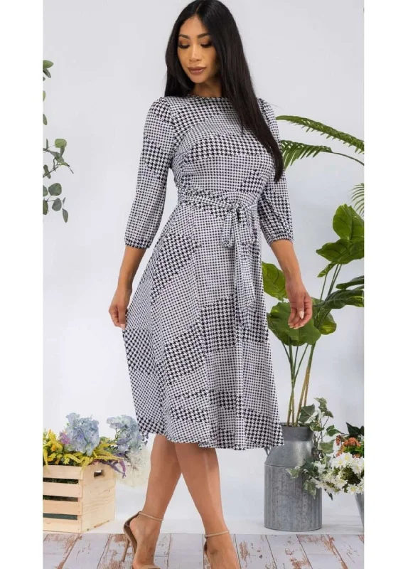 Houndstooth Print Midi Dress Made in USA Trendy A-Line Midi Dress