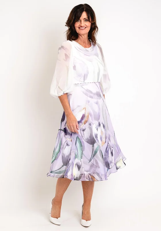 Lizabella Tulip Print Chiffon Midi Dress, Violet Cozy Midi Dress with Pockets