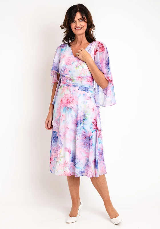 Lizabella Pleated Bodice Floral Print Chiffon Midi Dress, Lilac Fashionable High-Low Midi Dress Lizabella Pleated Bodice Floral Print Chiffon Midi Dress, Lilac Fashionable High-Low Midi Dress
