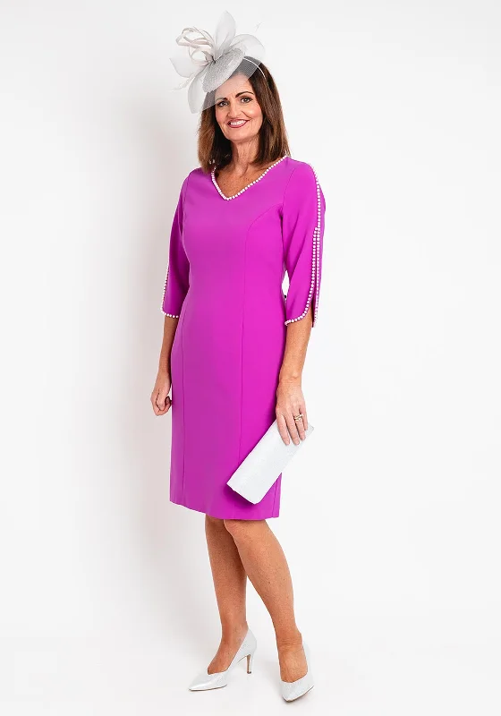 Lizabella Pearl Trim Tulip Sleeve Pencil Midi Dress, Fuchsia Classic Black Midi Dress Lizabella Pearl Trim Tulip Sleeve Pencil Midi Dress, Fuchsia Classic Black Midi Dress