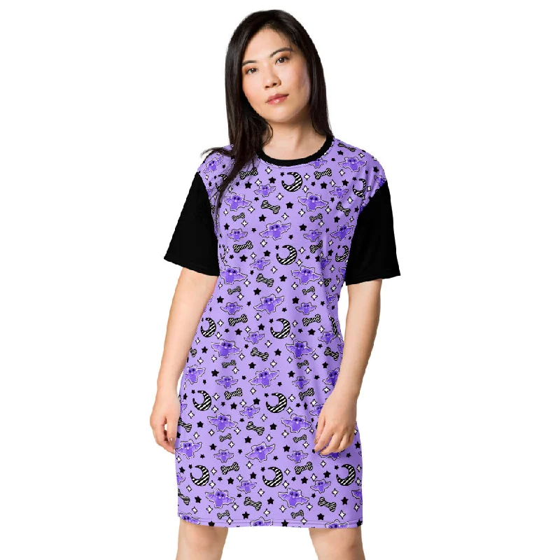 Magical Kawaii Spooky Bats Purple T-shirt dress Print Jacquard Patchwork