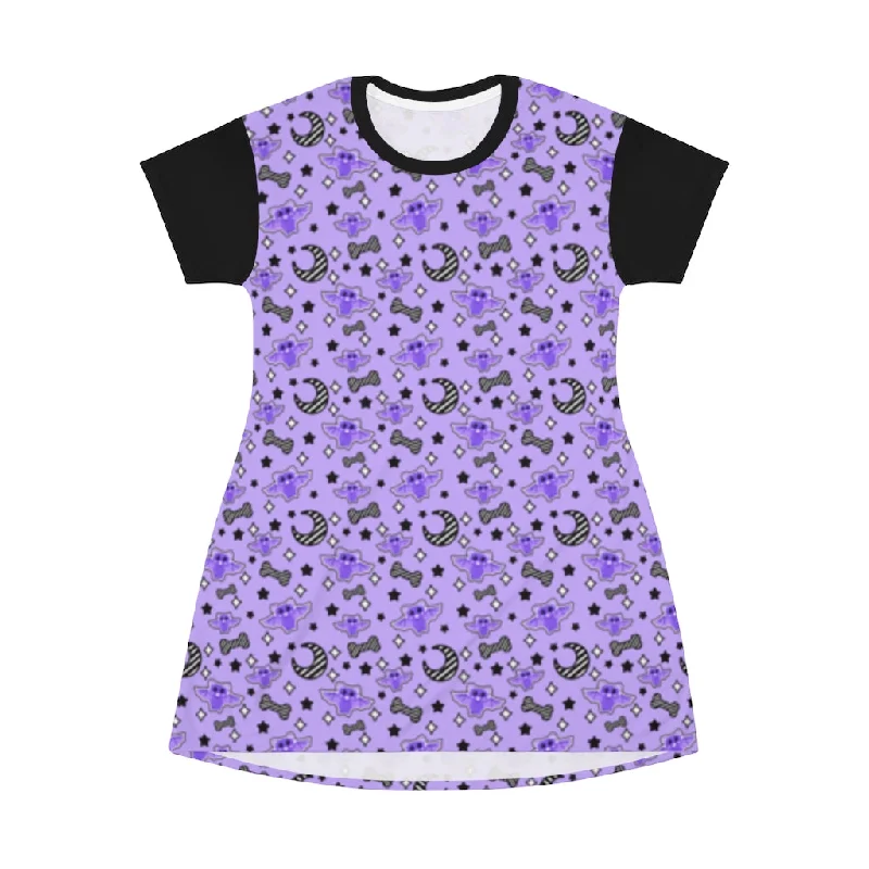 Magical Kawaii Spooky Bats Purple All Over Print T-Shirt Mini Dress Basic T-Shirt Crew Neck Short Sleeve