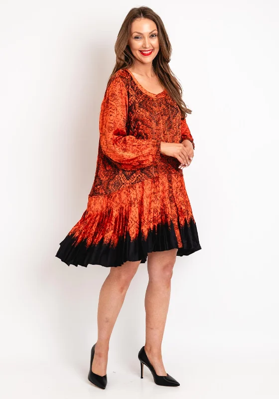 Natalia Collection One Size Scattered Print Pleated Smock Mini Dress, Orange Stylish Short Sleeve Mini Dress Natalia Collection One Size Scattered Print Pleated Smock Mini Dress, Orange Stylish Short Sleeve Mini Dress