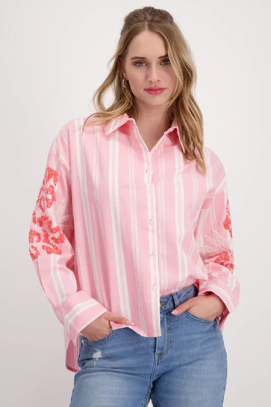 Monari 408509 Pink Smoothie Striped Sequin Detail Shirt Trendy Print Short Sleeve