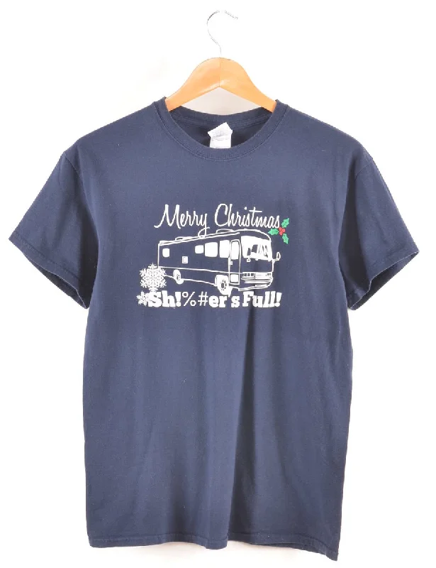 Navy Merry Christmas Printed T-shirt - M Knit Fabric Woven Fabric Fleece Fabric