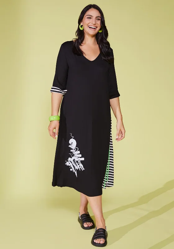 Ora Side Placement Print Stripe Panel Midi Dress, Black Elegant Faux Wrap Midi Dress Ora Side Placement Print Stripe Panel Midi Dress, Black Elegant Faux Wrap Midi Dress