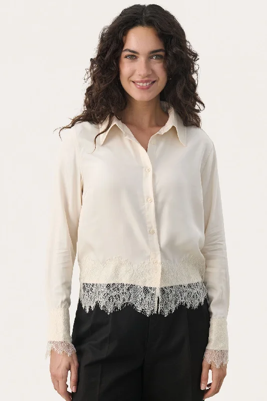 Part Two 30308879 LeninaPW Lace Hem Shirt Birch Cream Relaxed Fit Short Sleeve Top