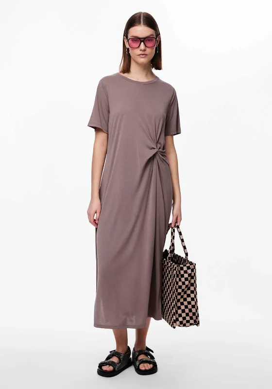 Pieces Anora Knot Detail T-Shirt Dress, Coco Mocha Graphic Embroidered Appliqued