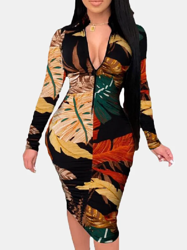 Plant Leaves Print Long Sleeve Zipper Elegant Women Midi Dress Stylish Button-Down Midi Dress Plant Leaves Print Long Sleeve Zipper Elegant Women Midi Dress Stylish Button-Down Midi Dress