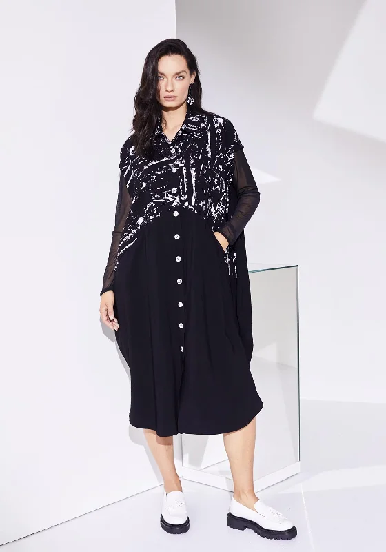Naya Button Through Print Midi Dress, Black & White Elegant Pleated Sleeve Midi Dress Naya Button Through Print Midi Dress, Black & White Elegant Pleated Sleeve Midi Dress
