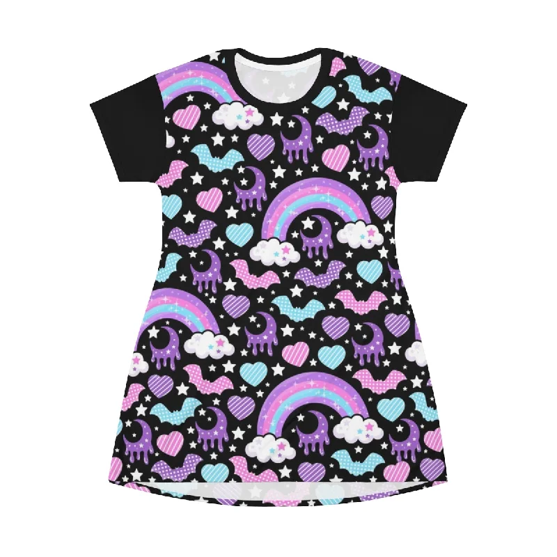 Rainbow Spooky Bats Black All Over Print T-Shirt Mini Dress Cozy Warm Stylish