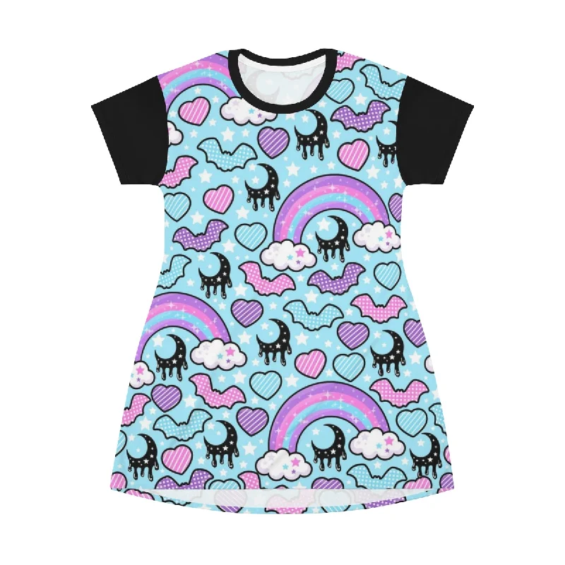 Rainbow Spooky Bats Blue All Over Print T-Shirt Mini Dress Spandex Blend Rayon Blend Denim Blend