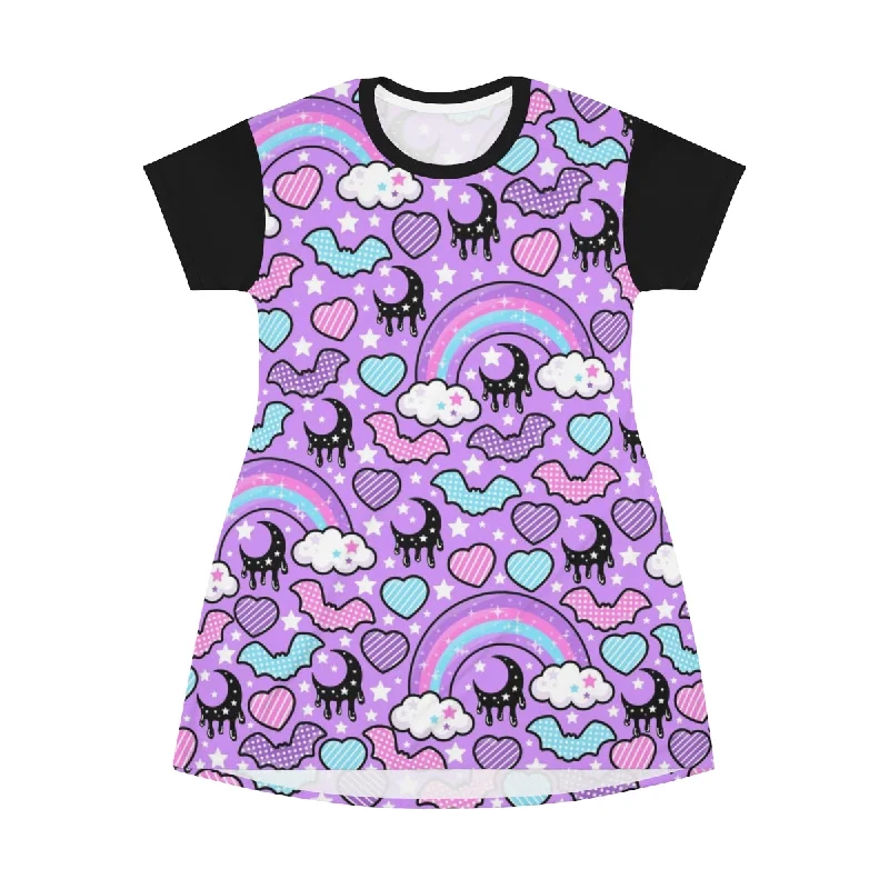 Rainbow Spooky Bats Purple All Over Print T-Shirt Mini Dress Mesh Blend Leather Blend Suede Blend