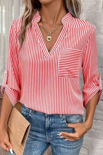 Striped Notched Roll-Tab Sleeve Shirt in 5 Colors Comfortable Summer Short Shirt