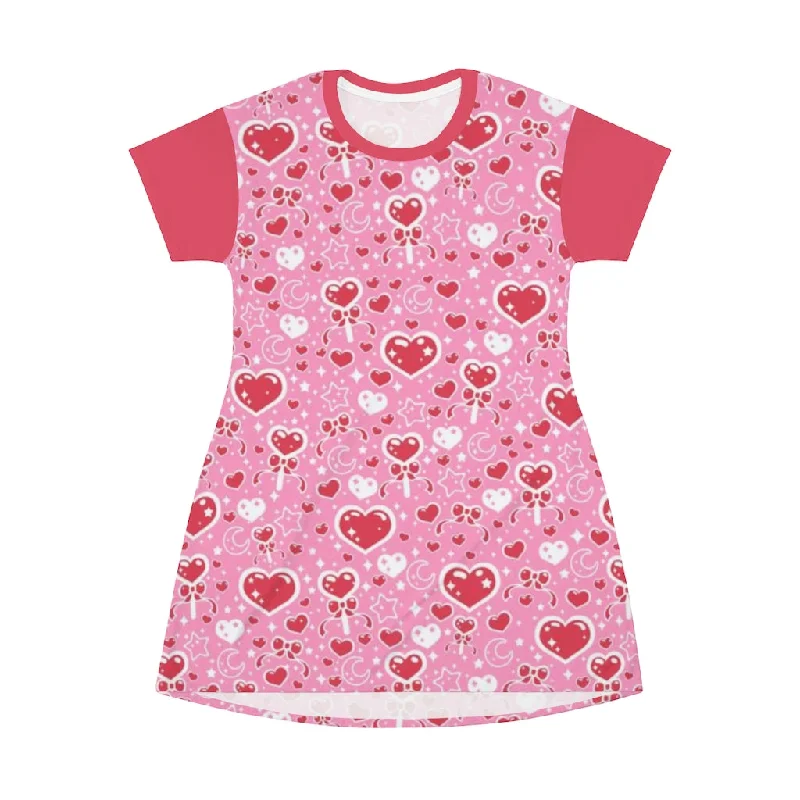 Sweet Feelings Pink All Over Print T-Shirt Mini Dress Cashmere Blend Cotton Blend Poly Blend