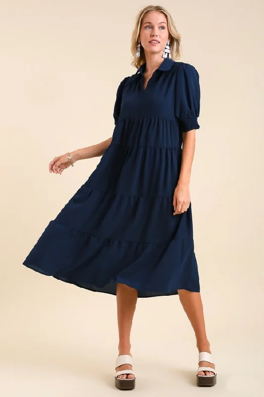 Umgee Collared Tiered Midi Dress in Navy Comfortable Deep V Midi Dress
