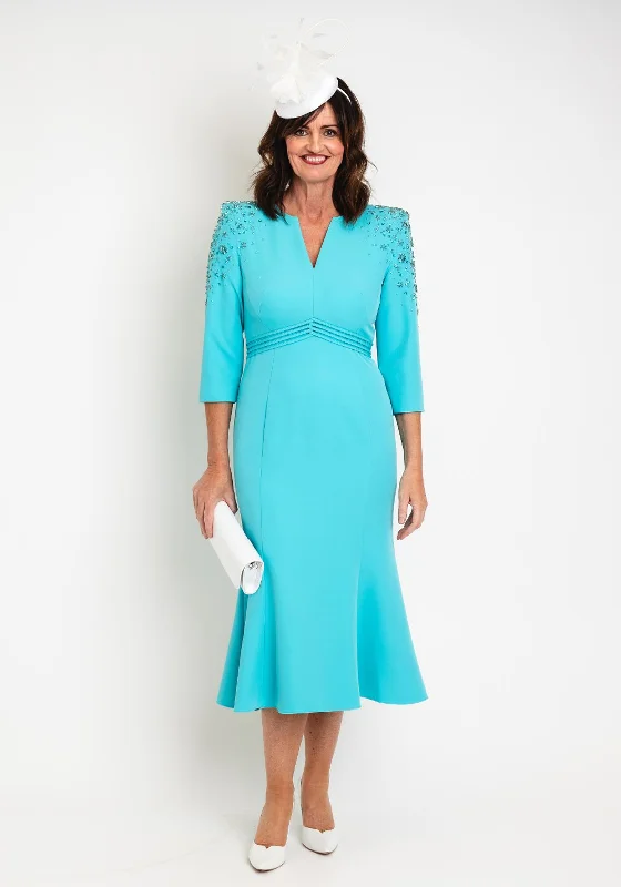 Veni Infantino Embellished Shoulder Fishtail Midi Dress, Turquoise Cozy Midi Dress with Pockets Veni Infantino Embellished Shoulder Fishtail Midi Dress, Turquoise Cozy Midi Dress with Pockets