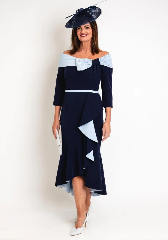 Veni Infantino Off Shoulder Bow Detail, Ruffled Midi Dress, Navy Fashionable Chiffon Midi Dress Veni Infantino Off Shoulder Bow Detail, Ruffled Midi Dress, Navy Fashionable Chiffon Midi Dress
