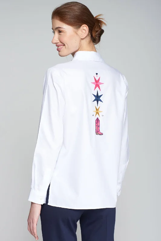 Vilagallo 31568 Embroidered Cotton White Shirt Chic Silk Short Sleeve Shirt