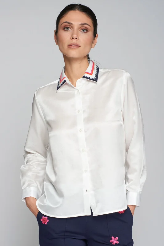 Vilagallo 31947 Embroidered White Silk Cotton Shirt Casual Button-Up Short Tee