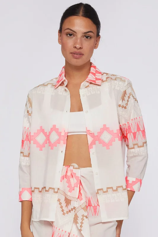 Villagallo 30994 Sara Cream and Pink Embroidered Voile Cotton Shirt Casual Button-Down Short Shirt