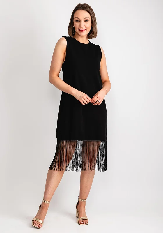 Vila Macia Fringe Trim T-Shirt Dress, Black Front Pockets Side Pockets Patch Pockets