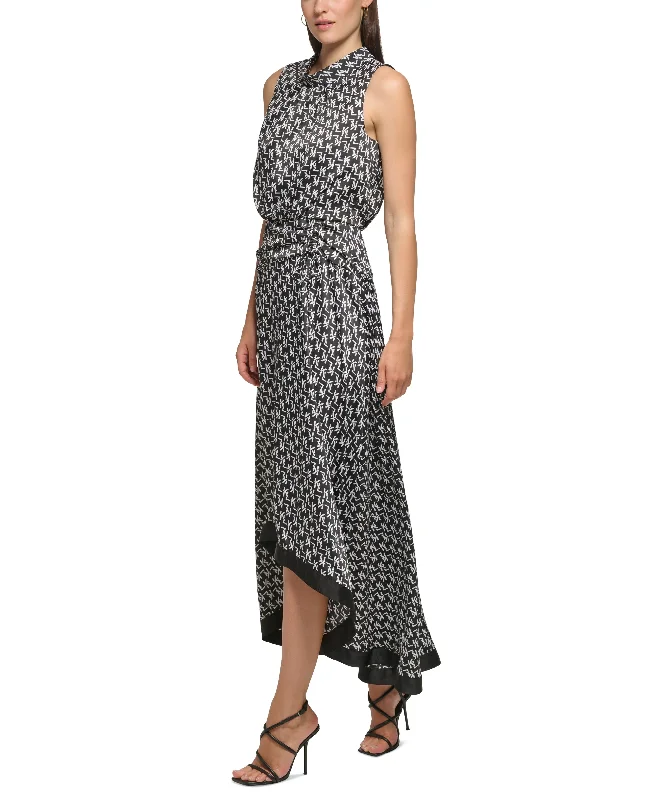 Women's Mock Neck Blouson High-Low Printed Midi Dress Comfortable Button Front Midi Dress Women's Mock Neck Blouson High-Low Printed Midi Dress Comfortable Button Front Midi Dress