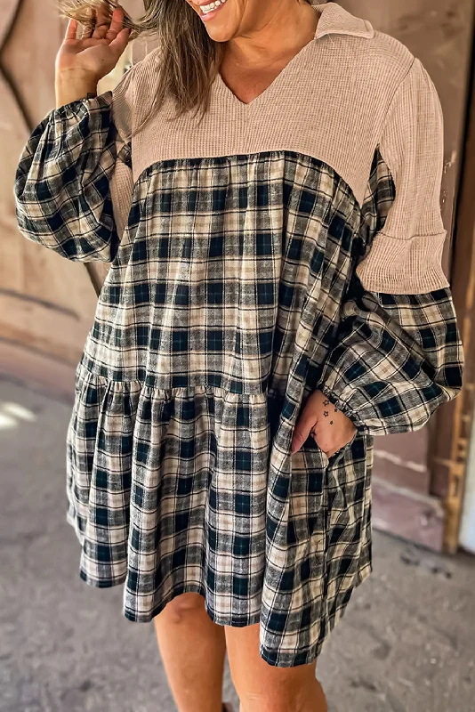 Black Plaid Waffle Knit Patchwork Collared V Neck Plus Size Mini Dress Trendy Mini Dress with Belt Black Plaid Waffle Knit Patchwork Collared V Neck Plus Size Mini Dress Trendy Mini Dress with Belt