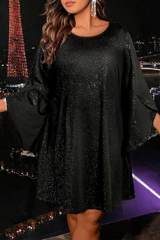 Black Plus Size Glitter Metallic Bell Sleeve Round Neck Mini Dress Cozy Long Sleeve Mini Dress Black Plus Size Glitter Metallic Bell Sleeve Round Neck Mini Dress Cozy Long Sleeve Mini Dress