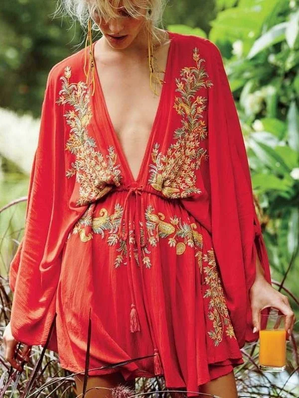 Boho Sexy Embroidered Deep V-neck Drawstring Long Sleeve Mini Dress Fashionable Boho-Chic Mini Dress Boho Sexy Embroidered Deep V-neck Drawstring Long Sleeve Mini Dress Fashionable Boho-Chic Mini Dress