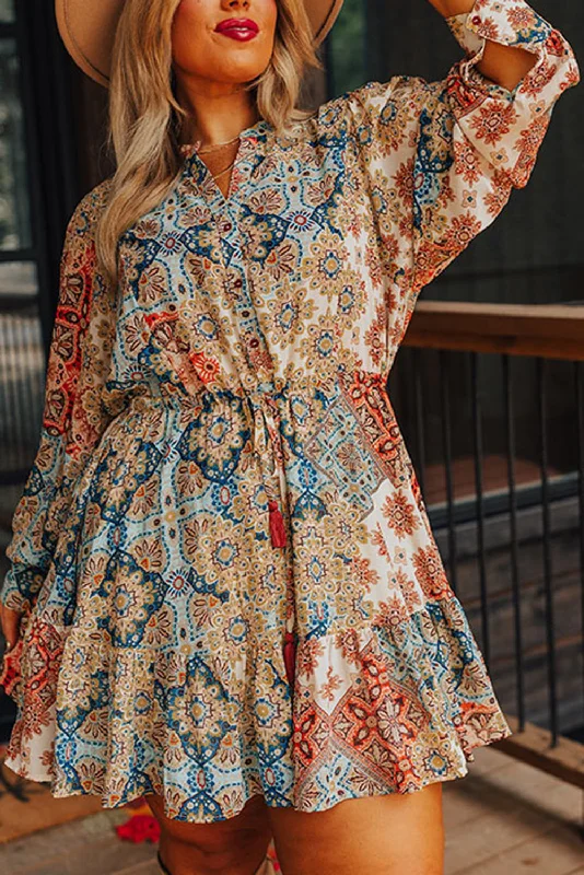 Brown Plus Size Vintage Floral Print Drawstring Waist Mini Dress Cozy Long Sleeve Mini Dress Brown Plus Size Vintage Floral Print Drawstring Waist Mini Dress Cozy Long Sleeve Mini Dress