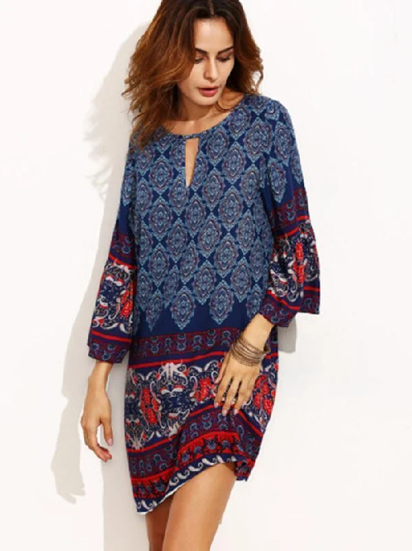 Classical Navy Blue Bohemia Long Sleeve Round Neck Mini Dress Stylish Plaid Mini Dress Classical Navy Blue Bohemia Long Sleeve Round Neck Mini Dress Stylish Plaid Mini Dress