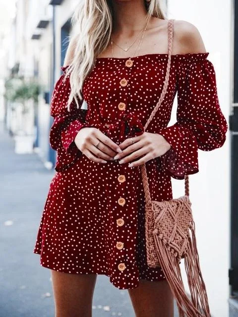 Off Shoulder Casual Sweet A-Line Polka Dots Women Mini Dress Chic Pleated Mini Dress Off Shoulder Casual Sweet A-Line Polka Dots Women Mini Dress Chic Pleated Mini Dress