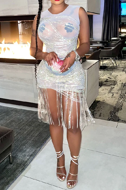 Patchwork Striking Multi-layer Rhinestone Tassel Mini Dress Comfortable Bodycon Mini Dress Patchwork Striking Multi-layer Rhinestone Tassel Mini Dress Comfortable Bodycon Mini Dress