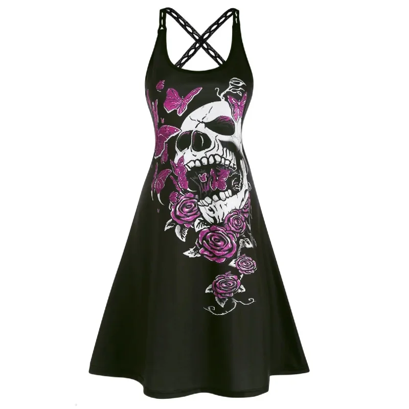 Skull Rose Print Gothic Mini Dress Cross Back Cut-Out Strap A Line Comfortable Smocked Mini Dress Skull Rose Print Gothic Mini Dress Cross Back Cut-Out Strap A Line Comfortable Smocked Mini Dress