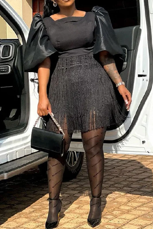 Solid Color Puff Sleeve Smart Patchwork Tassel Mini Dress Cozy Wraparound Mini Dress Solid Color Puff Sleeve Smart Patchwork Tassel Mini Dress Cozy Wraparound Mini Dress