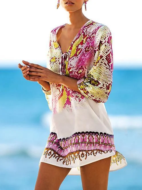 V-neck 3/4 Sleeves Printed Bohemia Mini Dress Elegant Velvet Mini Dress