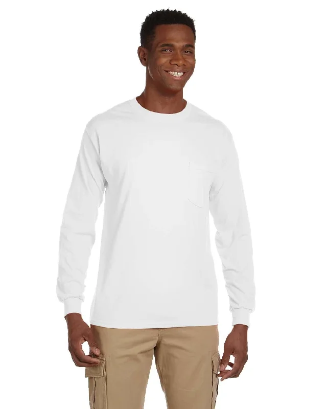 Gildan Ultra Cotton Long Sleeve Pocket T-Shirt | White Wool Fabric Cashmere Fabric Tweed Fabric