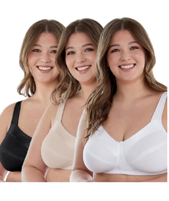 Bestform Satin Trim Wire-Free Cotton Bra With Unlined Cups 3 Pack - Black/Nude/White Padded Push-Up Bra