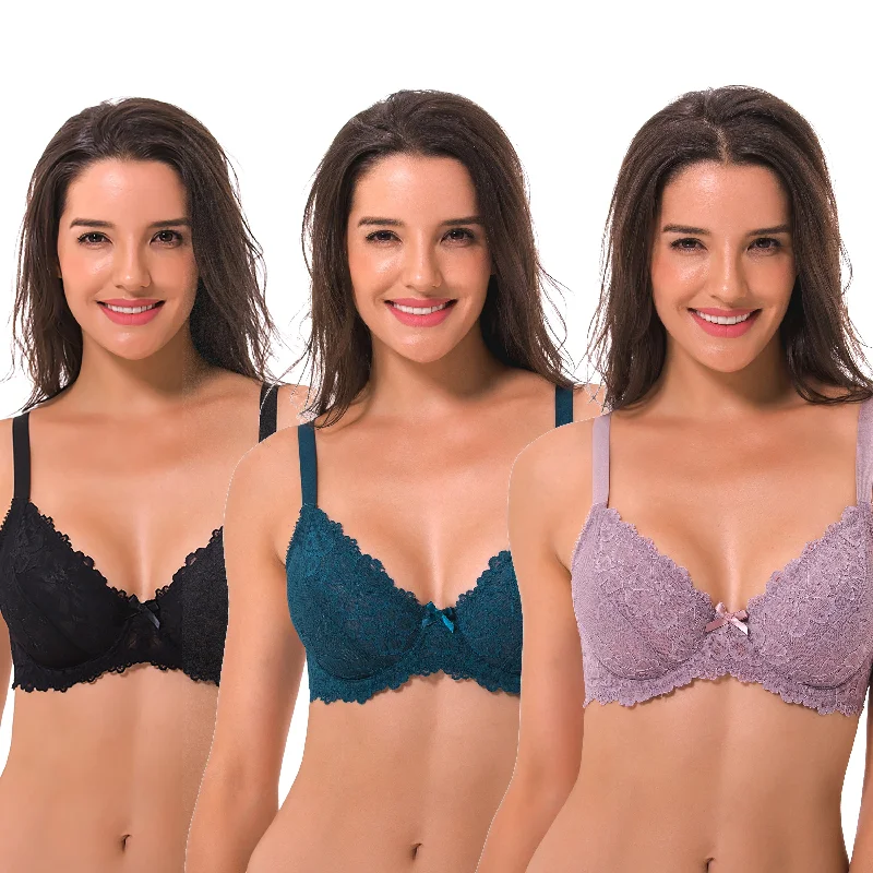 Semi-Sheer Balconette Underwire Lace Bra and Scalloped Hems Lightly Padded Bra