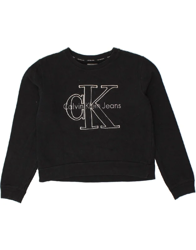 CALVIN KLEIN Womens Graphic Crop Sweatshirt Jumper UK 6 XS Black Cotton Hoodie with Earth Tones Natural Calm