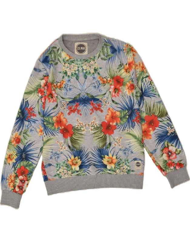 COLMAR Womens Sweatshirt Jumper UK 14 Large Grey Floral Hoodie with Raw Hem Edgy Unfinished